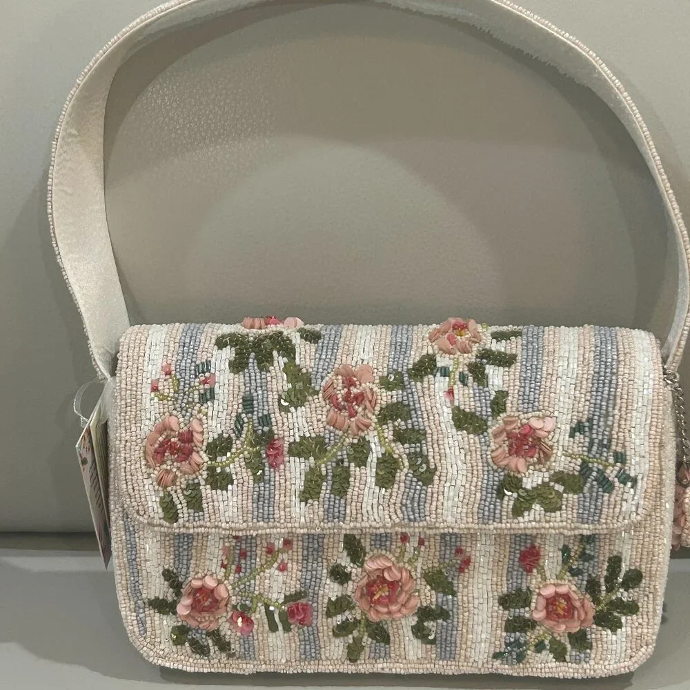 India Beaded Bag Pink Rose Flowers with Blue Pink White Stripes and Bag Charm - Picture 6 of 6